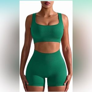 OQQ Workout Outfits 2 Piece Seamless Ribbed High Waist Leggings and Bra